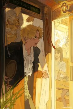 2boys 3girls ascot barrel black_coat black_hair blonde_hair briefcase coat curtains disembodied_hand eyewear_on_head facial_hair goggles hack_(one_piece) hana_hana_no_mi hat highres holding holding_briefcase jar koala_(one_piece) lantern morley_(one_piece) multiple_boys multiple_girls multiple_hands mustache nico_robin one_piece reading sabo_(one_piece) sam_one111 scar scar_across_eye scar_on_face sunglasses white_hair window yellow_scales