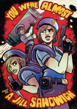 Rule 34 | 1girl, absurdres, artist name, beret, black gloves, blue shirt, brown hair, combat knife, commentary, commission, english commentary, fingerless gloves, gloves, gun, handgun, hat, highres, holding, holding gun, holding knife, holding rocket launcher, holding weapon, jill valentine, knife, resident evil, resident evil 1, rocket launcher, shirt, shoulder pads, signature, weapon, xdangerjazzx