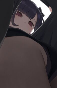 1girl black_hair black_panties closed_mouth highres hiroki_(yyqw7151) lifting_own_clothes looking_down original panties red_eyes solo underwear upshirt