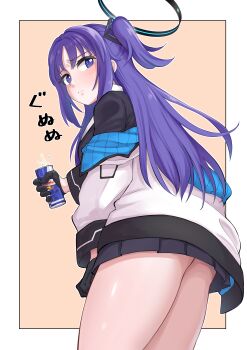 1girl absurdres ass black_gloves black_halo black_skirt black_suit blue_archive blue_eyes blush border can closed_mouth commentary_request cowboy_shot energy_drink eyelashes formal_clothes from_below from_side frown furrowed_brow gloves hair_between_eyes hair_ornament halo hand_up highres holding holding_can jacket jacket_partially_removed long_hair long_sleeves looking_at_viewer mechanical_halo miniskirt outline outside_border pink_background pink_pupils pleated_skirt purple_hair red_bull sidelocks simple_background skirt solo sound_effects suicchi_(switch_501) suit thighs triangle_hair_ornament two_side_up very_long_hair white_border white_jacket white_outline yuuka_(blue_archive)