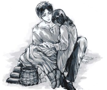 1boy 1girl basket black_pants breasts cardigan couple em1607230229543 eren_yeager full_body grey_shirt greyscale hetero highres holding_hands long_hair long_skirt medium_breasts mikasa_ackerman monochrome pants parted_bangs shingeki_no_kyojin shirt shoes short_hair sitting sitting_on_lap sitting_on_person sketch skirt white_background