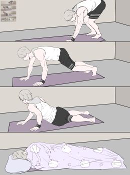 1boy animal_print bare_shoulders barefoot black_shorts exercising full_body grey_hair highres love_and_deepspace male_focus momong0001 muscular muscular_male pillow push-ups rabbit_print reference_inset sequential short_hair shorts sleeping solo tank_top under_covers white_tank_top xavier_(love_and_deepspace)