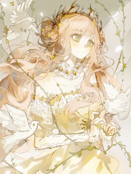 1girl bird blonde_hair blunt_bangs character_request chinese_commentary choker closed_mouth collarbone commentary_request conghua_xiaojuan cowboy_shot double_bun dove dress earrings expressionless eyelashes fairy_wings frilled_arm_warmers frilled_choker frilled_dress frilled_sleeves frills frown gown green_eyes grey_background hair_bun highres jewelry light_blush long_dress long_hair miracle_nikki necklace nikki_(series) off-shoulder_dress off_shoulder petals plant puffy_short_sleeves puffy_sleeves short_sleeves solo transparent_wings vines white_arm_warmers white_choker white_wings wings yellow_dress