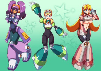 3girls absurdres alia_(mega_man) alternate_costume alternate_hairstyle android armor black_bodysuit blonde_hair blunt_bangs bodysuit breasts brown_bodysuit cosplay costume_switch covered_navel dark-skinned_female dark_skin detached_hair full_body gradient_background green_armor green_background hair_over_eyes hand_up headset highres jumping kotatuman_dash large_breasts layer_(mega_man) long_hair medium_breasts medium_hair mega_man_(series) mega_man_x8 mega_man_x_(series) multiple_girls pallette_(mega_man) pink_armor purple_hair robot_girl small_breasts twintails underboob