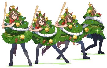 1girl absurdres animal_ears baseball_bat batting_stance black_pantyhose black_shoes bow brown_hair candy candy_cane christmas_ornaments christmas_tree_costume clenched_teeth food frown full_body gingerbread_man high_heels highres holding holding_baseball_bat horse_ears horse_girl horse_tail looking_afar multicolored_hair nishiki_kazue open_mouth pantyhose purple_eyes red_bow sequential shadow shoes sparkle standing streaked_hair symboli_rudolf_(christmas_emperor_tree)_(umamusume) symboli_rudolf_(umamusume) tail teeth umamusume v-shaped_eyebrows white_background