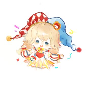 Rule 34 | 1girl, all-night party (infinity nikki), argyle clothes, argyle hat, bare shoulders, blonde hair, blue eyes, blue hat, bow, bowtie, chibi, chinese commentary, clown, commentary request, confetti, cropped legs, detached sleeves, dress, fengmi youzi hua, frilled dress, frilled sleeves, frills, hair between eyes, happy, hat, hat ornament, highres, infinity nikki, jester cap, light blush, long hair, long sleeves, low twintails, multicolored hat, neck ruff, nikki (series), notice lines, open mouth, outstretched arm, pom pom (clothes), puffy long sleeves, puffy sleeves, red hat, short dress, simple background, sleeveless, sleeveless dress, sleeves past wrists, smile, solid oval eyes, solo, sparkle, split-color clothes, teeth, thighhighs, twintails, upper teeth only, vertical-striped sleeves, white background, white dress, white hat, white sleeves, white thighhighs, yellow bow, yellow bowtie