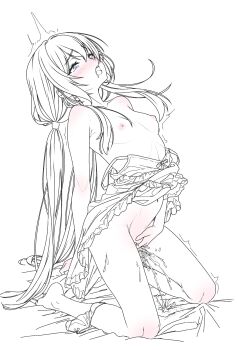 1girl arazand arched_back barefoot blue_eyes blush breasts camisole camisole_pull clothes_pull female_ejaculation female_masturbation fingering from_side full-face_blush full_body highres kneeling long_hair masturbation nipples on_bed open_mouth original panties_around_one_ankle partially_colored saliva simple_background small_breasts solo teeth upper_teeth_only very_long_hair white_background