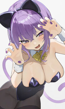 00s1g00 1girl :d absurdres ahoge alternate_costume animal_ears bare_shoulders black_leotard black_pantyhose bow bowtie breasts cat_ears cat_girl cat_tail claw_pose cleavage crossed_bangs detached_collar double-parted_bangs ear_covers fang hair_between_eyes hands_up highleg highleg_leotard highres hololive large_breasts leotard looking_at_viewer medium_hair nekomata_okayu open_mouth pantyhose playboy_bunny purple_eyes purple_hair purple_nails simple_background smile solo strapless strapless_leotard tail virtual_youtuber white_background wrist_cuffs yellow_bow yellow_bowtie