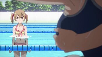 10s 3girls animated animated_gif anime_screenshot breast_envy breasts brown_hair female_focus grabbing_another&#039;s_breast grabbing_from_behind groping kirigaya_suguha large_breasts lisbeth_(sao) multiple_girls pool school_swimsuit silica swimsuit sword_art_online water yuri