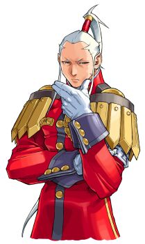 Rule 34 | 1boy, absurdres, armband, buttons, cropped legs, edaki shin'ya, finger to own chin, game cg, gloves, grey hair, half-closed eyes, high ponytail, highres, imawano hyo, jacket, justice gakuen, male focus, military uniform, moero! justice gakuen, non-web source, official art, pants, ponytail, red jacket, red pants, sideways glance, simple background, sleeves rolled up, solo, standing, white armband, white background, white gloves