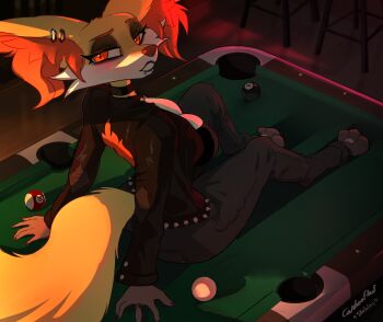 1girl absurdres animal_ear_fluff animal_ear_piercing artist_collaboration artist_name ball billiard_ball black_jacket breasts carbonfloof cleavage delphox denim face_piercing furry furry_female gen_6_pokemon goth_fashion grey_pants highres indoors jacket jeans large_breasts lip_piercing looking_at_viewer looking_back nintendo orange_fur pants piercing pokemon pokemon_(creature) pool_table red_eyes sitting sitting_on_table skeleion solo table tail white_fur yellow_fur