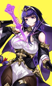 1girl absurdres alternate_costume alternate_universe ass bare_shoulders black_pantyhose blunt_bangs braid breasts casul center_opening cleavage closed_mouth collared_shirt commentary cross detached_collar detached_sleeves electricity english_commentary genshin_impact glowing glowing_weapon gradient_hair head_tilt headpiece highres holding holding_mace holding_weapon huge_ass human_scabbard katana large_breasts leaning_to_the_side long_braid long_hair long_sleeves looking_down looking_to_the_side low-tied_long_hair mace mole mole_under_eye multicolored_hair musou_isshin_(genshin_impact) nun pantyhose pink_lips powering_up purple_eyes purple_hair raiden_shogun shade shirt simple_background single_braid solo streaked_hair sword sword_between_breasts thick_thighs thighs veil weapon wide_sleeves yellow_background