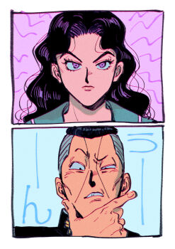 1boy 1girl black_hair commentary diamond_wa_kudakenai gakuran highres jojo_no_kimyou_na_bouken long_hair nijimura_okuyasu oniyama831 purple_eyes raised_eyebrow school_uniform serafuku wavy_hair yamagishi_yukako