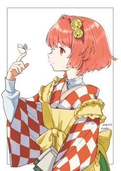 1girl apron bell book bug butterfly butterfly_on_hand checkered_clothes checkered_kimono hair_bell hair_ornament highres holding holding_book insect japanese_clothes kimono kumateya long_sleeves motoori_kosuzu orange_hair red_eyes shirt short_hair simple_background skirt solo touhou twintails two_side_up white_background white_shirt wide_sleeves yellow_apron