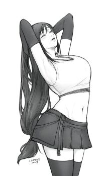 1girl armpits arms_behind_head arms_up artist_name black_gloves black_hair black_skirt black_thighhighs breasts closed_eyes closed_mouth commentary cowboy_shot crop_top dated elbow_gloves final_fantasy final_fantasy_vii final_fantasy_vii_remake gloves greyscale hands_in_own_hair large_breasts linono long_hair low-tied_long_hair midriff miniskirt monochrome navel skirt solo tank_top thighhighs tifa_lockhart white_background white_tank_top zettai_ryouiki