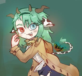 Rule 34 | 1girl, :3, animal ears, aqua eyes, bell, black skirt, blush, brown coat, coat, commentary, cow ears, cow girl, cow horns, cow tail, cowbell, crelly (vtuber), eyelashes, green background, green hair, hair ornament, hairclip, heterochromia, highres, horns, indie virtual youtuber, long hair, long sleeves, mikeylokey, mole, mole under mouth, neck bell, open clothes, open coat, open mouth, red eyes, shirt, signature, skirt, smile, solo, tail, teeth, upper teeth only, vest, white shirt