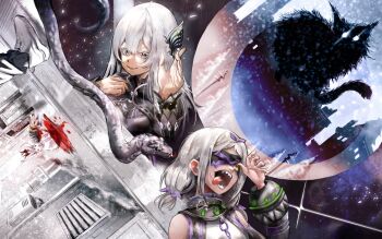 2girls alley black_eyes blood bug butterfly butterfly_hair_ornament daphne_(re:zero) echidna_(re:zero) great_rabbit_(re:zero) hair_ornament highres horror_(theme) insect metallic_box multiple_girls puck_(re:zero) re:zero_kara_hajimeru_isekai_seikatsu severed_arm severed_limb sharp_teeth smile snake snow snowing teeth white_hair winter yellow_eyes