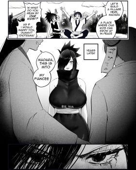 1boy 2girls angry breasts dress genderswap genderswap_(mtf) hair_over_one_eye high_collar highres huge_breasts japan monochrome multiple_girls naruto_(series) naruto_shippuuden netorare reverse_netorare rienia senju_hashirama sleeveless sleeveless_dress surprised tearing_up uchiha_madara uzumaki_mito wide-eyed