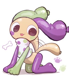 all_fours animal_hands balloon black_eyes blush_stickers cartoon_bone chibi chibi_only colored_skin dandy&#039;s_world highres k2s2kv looey_(dandy&#039;s_world) motion_lines polka_dot polka_dot_shirt roblox shirt simple_background tail tail_wagging tongue tongue_out white_background