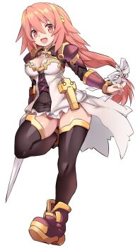 1girl :d armor black_shrug black_thighhighs boots breasts character_request cleavage commentary_request copyright_request dress full_body hair_between_eyes hair_ribbon highres karukan_(monjya) long_hair looking_at_viewer medium_breasts open_mouth panties pantyshot pauldrons pink_eyes pink_hair ponytail purple_boots ribbon short_dress shoulder_armor shrug_(clothing) simple_background smile solo standing standing_on_one_leg strapless strapless_dress thighhighs underwear upskirt white_background white_dress white_panties white_ribbon