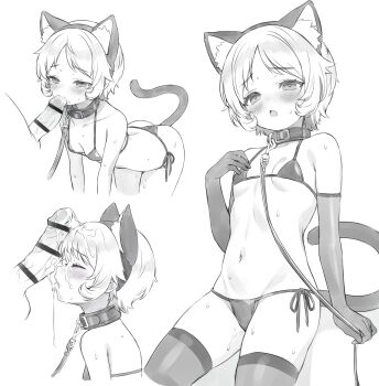 1boy 1girl all_fours anal_beads anal_tail animal_ear_fluff animal_ears ass bar_censor blush breasts butt_plug censored closed_eyes collar collarbone cowboy_shot cum cum_on_body cumdrip disembodied_penis elbow_gloves facial fake_animal_ears fake_tail fellatio furrowed_brow gloves hetero highres holding_own_leash identity_v large_penis leash licking licking_penis micro_bra middle_part monochrome multiple_views navel open_mouth oral panties parted_bangs penis petite pomilkoic short_hair side-tie_panties small_breasts stomach sweat tail tearing_up testicles thighhighs tracy_reznik underwear veins veiny_penis