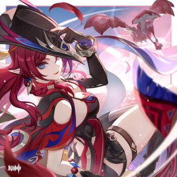 Rule 34 | 1girl, absurdres, asymmetrical clothes, bare shoulders, black gloves, black hat, black pants, blue eyes, breasts, chasca (genshin impact), chinese commentary, cleavage, closed mouth, commentary request, elbow gloves, feathers, floating hair, genshin impact, gloves, hand up, hat, highres, long hair, looking at viewer, official art, outdoors, pants, partially fingerless gloves, pointy ears, red hair, red lips, single pantsleg, smile, solo