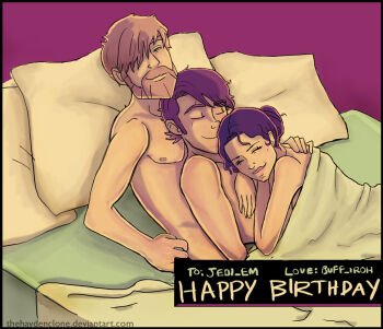 1girl 2boys aftersex anakin_skywalker beard bisexual_male blush english_text facial_hair group_sex head_on_pillow mole mole_under_eye multiple_boys nude obi-wan_kenobi on_bed padme_amidala pillow pink_background scar scar_across_eye scar_on_face smile star_wars star_wars:_the_clone_wars thehaydenclone threesome