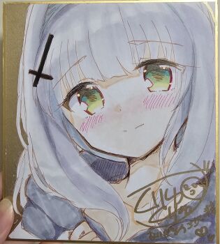 1girl absurdres black_hoodie blue_archive blush closed_mouth collarbone green_eyes grey_hair hair_intakes hand_up hare_(blue_archive) highres hood hood_down hoodie kuriyuzu_kuryuu long_hair photo_(medium) shikishi signature solo traditional_media upper_body