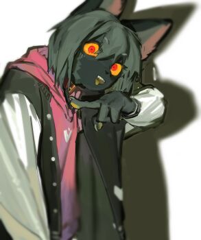 1girl absurdres black_jacket body_fur cat_girl chinese_commentary claws colored_sclera colored_tongue commentary_request furry furry_female green_fur green_hair hand_up highres hood hoodie jacket jianpan_xiafang_de_da_kongge letterman_jacket looking_at_viewer open_clothes open_jacket original pink_hoodie red_eyes sharp_teeth short_hair simple_background solo teeth tongue tongue_out upper_body white_background yellow_sclera yellow_tongue