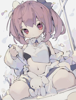 1girl absurdres bare_shoulders black_bow blush bow closed_mouth collared_shirt commentary cropped_shirt dated_commentary full_body hair_bow highres holding holding_knife jacket knife looking_at_viewer midriff navel nep_(nep_76) off_shoulder open_clothes open_jacket original pink_hair red_eyes shirt short_hair shorts sitting sleeveless sleeveless_shirt solo white_bow white_jacket white_shirt white_shorts