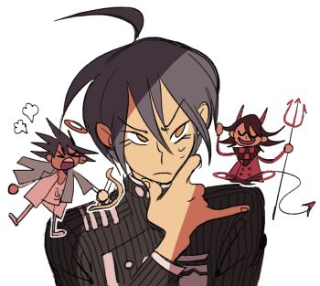 3boys angel angel_and_devil angry blue_hair danganronpa_(series) danganronpa_v3:_killing_harmony demon demon_tail halo head_steam holding holding_instrument holding_lyre holding_pitchfork instrument lyre momota_kaito multiple_boys mutie_(timestables) oma_kokichi pitchfork saihara_shuichi shoulder_angel shoulder_devil shouting smile tail thinking yellow_eyes