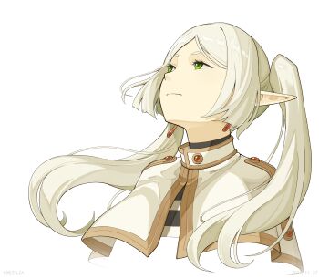 1girl capelet chinese_commentary closed_mouth commentary_request cropped_shoulders earrings elf expressionless frieren green_eyes grey_hair highres jewelry long_hair meme pointy_ears shirt simple_background solo sousou_no_frieren striped_clothes striped_shirt teardrop_earrings twintails upward_angle_frieren_drawing_(meme) white_background white_capelet zhadao_lza