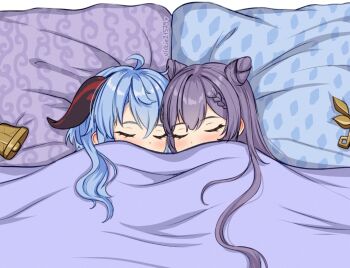 2girls ahoge aqua_hair artist_name bell blanket blush braid closed_eyes double_bun ganyu_(genshin_impact) genshin_impact hair_between_eyes hair_bun heart horns keqing_(genshin_impact) long_hair lying multiple_girls on_back pillow purple_hair shared_blanket sidelocks simple_background single_braid sleeping vickie_(cryingrobot) white_background yuri