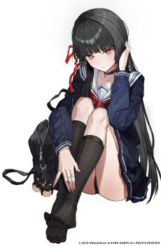 1girl :i absurdres backpack bag bag_charm black_bag black_hair black_jacket black_panties black_skirt black_socks character_charm charm_(object) chisa_(wuthering_waves) closed_mouth commentary_request derivative_work female_rover_(wuthering_waves) full_body gn_tuituji hair_ribbon hand_up highres jacket knees_up long_hair looking_at_viewer male_rover_(wuthering_waves) mole mole_under_eye neckerchief no_shoes panties pout red_eyes red_neckerchief red_ribbon ribbon rover_(wuthering_waves) sailor_collar simple_background sitting skirt socks solo thighs toes underwear upskirt very_long_hair white_background white_sailor_collar wuthering_waves