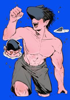 Rule 34 | 1boy, abs, beam (chainsaw man), black hair, blue background, chainsaw man, chibi, collarbone, commentary request, denim, denim shorts, grey shorts, highres, ikaooi1, male focus, no nipples, pectorals, shark, shark boy, shark head, sharp teeth, short hair, shorts, simple background, smile, teeth, topless male