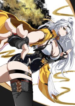 1girl absurdres ahoge armlet ass asymmetrical_gloves black_gloves black_thighhighs black_unitard breasts cleavage closed_mouth coin coin_on_string commentary_request cowboy_shot elbow_gloves fingerless_gloves from_side garter_straps gloves hair_ornament hairpin highres jacket jewelry large_breasts long_hair looking_at_viewer mole mole_on_breast single_elbow_glove single_garter_strap single_hair_intake single_thighhigh skindentation solo thigh_strap thighhighs umimari uneven_gloves white_hair yellow_eyes yellow_jacket yin_yang_pin yixuan_(zenless_zone_zero) zenless_zone_zero