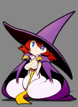 Rule 34 | 1girl, blue eyes, breasts, cape, chibi, cleavage, hat, highres, large breasts, red hair, solo, tabasa, warzard, witch hat