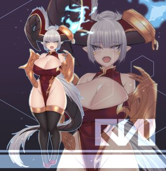 1girl adoptable arm_armor armored_gloves bare_shoulders black_horns black_thighhighs breasts cero_rains cleavage commentary cowboy_shot dress elbow_gloves eyelashes fangs fire fishnet_thighhighs fishnets full_body gloves grey_hair groin hand_on_own_hip hand_up highres horns large_breasts light_particles looking_at_viewer open_mouth original pointy_ears purple_background purple_eyes red_dress red_shoes shoes short_hair signature skindentation standing symbol-only_commentary thick_thighs thighhighs thighs tongue zoom_layer