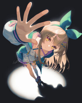 1girl asymmetrical_legwear blonde_hair bow bow_hairband breasts brown_hair closed_mouth collarbone commentary_request criss-cross_halter dress foreshortening gakuen_idolmaster green_bow green_hairband green_jacket hair_ornament hairband hairclip halterneck highres hood hood_down hooded_jacket idolmaster indie_virtual_youtuber jacket kutori_pan'ya leaning_forward long_hair looking_at_viewer multicolored_jacket nanahira open_clothes open_hand open_jacket purple_jacket reaching reaching_towards_viewer ribbon-trimmed_dress ribbon-trimmed_sleeves ribbon_trim shadow shoes short_dress signature single_sock single_thighhigh small_breasts sneakers socks solo stage_lights striped_clothes striped_thighhighs thighhighs uneven_legwear utaite virtual_youtuber white_dress white_jacket white_shoes white_socks youtube_video_thumbnail