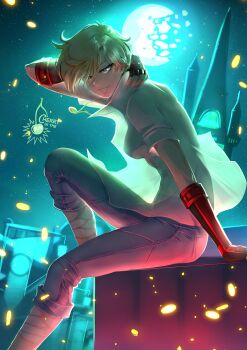 1girl artist_logo bishoujo_senshi_sailor_moon blonde_hair blue_pants breasts broken_moon cherry_in_the_sun clip_studio_paint_(medium) commentary cosplay crossover elbow_gloves english_commentary fingerless_gloves from_side gloves hair_over_one_eye jewelry logo moon necklace night night_sky pants red_gloves rwby see-through_clothes see-through_shirt shirt short_hair sitting sky smile solo star_(sky) starry_sky sun_wukong sun_wukong_(cosplay) ten&#039;ou_haruka white_shirt