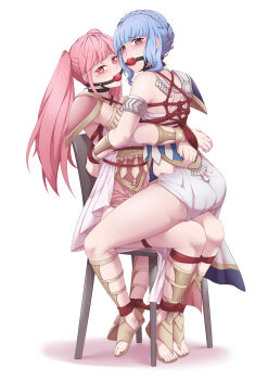2girls absurdres adzuqi armband armor arms_behind_back ball_gag bare_shoulders bdsm blush bondage bound bound_arms bound_legs bound_together bound_torso braid chair chair_bondage collar commission crown_braid dress embarrassed female_focus fire_emblem fire_emblem:_three_houses full_body gag gagged hair_bun highres hilda_valentine_goneril long_hair looking_ahead looking_at_viewer looking_back looking_to_the_side marianne_von_edmund marianne_von_edmund_(serene_adherent) marianne_von_edmund_(timeskip) multiple_girls nintendo pink_dress sandals short_hair short_hair_with_long_locks shoulder_armor sidelocks simple_background sitting sitting_on_lap sitting_on_person skin_tight skindentation straddling swept_bangs toes twintails white_background white_dress