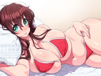 1girl adjusting_clothes adjusting_swimsuit belly bikini bloom blush breasts brown_hair cleavage closed_mouth covered_erect_nipples eyebrows_hidden_by_hair green_eyes hair_between_eyes highres huge_breasts lips long_hair looking_at_viewer lying navel on_side onsoku_inu original pillow red_bikini shadow simple_background skindentation solo stomach swimsuit