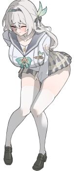 1girl arched_back blush breasts closed_eyes closed_mouth collarbone commentary_request firefly_(honkai:_star_rail) firefly_(spring_missive)_(honkai:_star_rail) grey_hair grey_hairband grey_ribbon grey_sailor_collar grey_skirt hair_ornament hairband hand_on_own_crotch honkai:_star_rail honkai_(series) loafers long_hair long_sleeves medium_breasts pleated_skirt ribbon sailor_collar school_uniform serafuku shirt shoes simple_background skirt thighhighs white_background white_shirt white_thighhighs ynfkin
