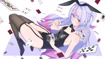 1girl absurdres alternate_costume animal_ears bare_shoulders black_bow black_leotard bow bowtie card commentary_request detached_collar fake_animal_ears garter_straps gradient_hair grey_hair high_heels highres holding holding_card joker_(playing_card) leotard long_hair meetea multicolored_hair pink_eyes playboy_bunny playing_card queen_(playing_card) rabbit_ears rabbit_tail simple_background solo streaked_hair tail thick_eyebrows thighhighs tosaki_mimi two_side_up virtual_youtuber vspo!