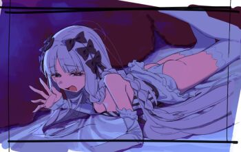 1girl :d ass bare_shoulders black_bow black_dress blush border bow braid breasts detached_sleeves dress fate/strange_fake fate_(series) francesca_prelati_(fate) frills hair_bow long_hair looking_at_viewer lying medium_breasts multicolored_hair on_stomach open_mouth smile solo striped_clothes striped_dress syhan thighhighs vertical-striped_clothes vertical-striped_dress waving white_dress white_hair