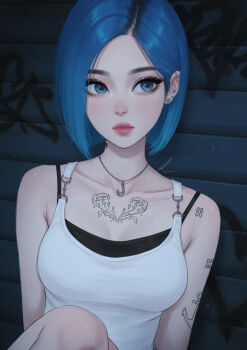 1girl arm_tattoo black_camisole blue_eyes blue_hair breasts camisole chest_tattoo collarbone ear_piercing earrings highres jewelry layered_shirt lips medium_breasts necklace original piercing short_hair tank_top tattoo umigraphics white_tank_top