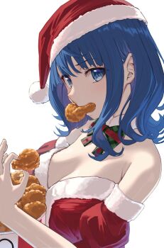 1girl bare_shoulders blue_eyes blue_hair breasts bucket_of_chicken chicken_(food) commentary_request detached_sleeves dress eating food fried_chicken fur-trimmed_dress fur-trimmed_headwear fur-trimmed_sleeves fur_collar fur_trim hat highres hiruno_ushiro looking_at_viewer make_heroine_ga_oo_sugiru! medium_breasts medium_hair red_dress red_hat red_sleeves santa_costume santa_dress santa_hat simple_background solo yanami_anna