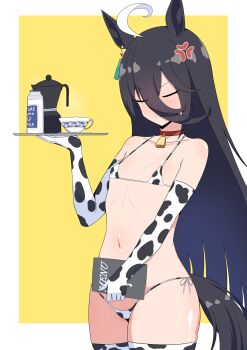 1girl absurdres ahoge anger_vein angry animal_ears animal_print bare_shoulders bell bikini black_hair bottle closed_eyes coffee_pot collar collarbone commentary cow_print cow_print_bikini cow_print_gloves cup dewanewbie ear_ornament ear_tag earrings elbow_gloves flat_chest furrowed_brow gloves hair_between_eyes highres holding holding_menu holding_plate horse_ears horse_girl horse_tail jewelry long_hair long_hair_between_eyes manhattan_cafe_(umamusume) menu milk multicolored_hair navel neck_bell parted_lips plate print_bikini print_gloves red_collar single_earring solo swimsuit symbol-only_commentary tail umamusume variant_set very_long_hair white_hair