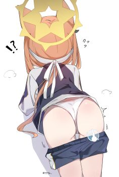 !? 1girl animal_ears ass black_shorts blue_archive cat_ears clothes_pull facing_away from_behind halo highres jacket long_hair mari_(blue_archive) mari_(track)_(blue_archive) orange_hair panties shorts shorts_pull simple_background solo track_jacket tttlr underwear white_background white_panties yellow_halo