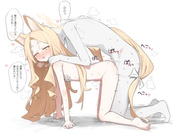 1boy 1girl all_fours anba_kohaku animal_ear_fluff animal_ears blonde_hair blue_archive blush commentary_request completely_nude doggystyle flat_chest forehead fox_ears fox_girl fox_tail groping hair_ribbon halo heart highres loli long_hair looking_back nude open_mouth ribbon seia_(blue_archive) sex sex_from_behind smug sneer speech_bubble sweat sweatdrop tail very_long_hair white_background yellow_eyes yellow_halo